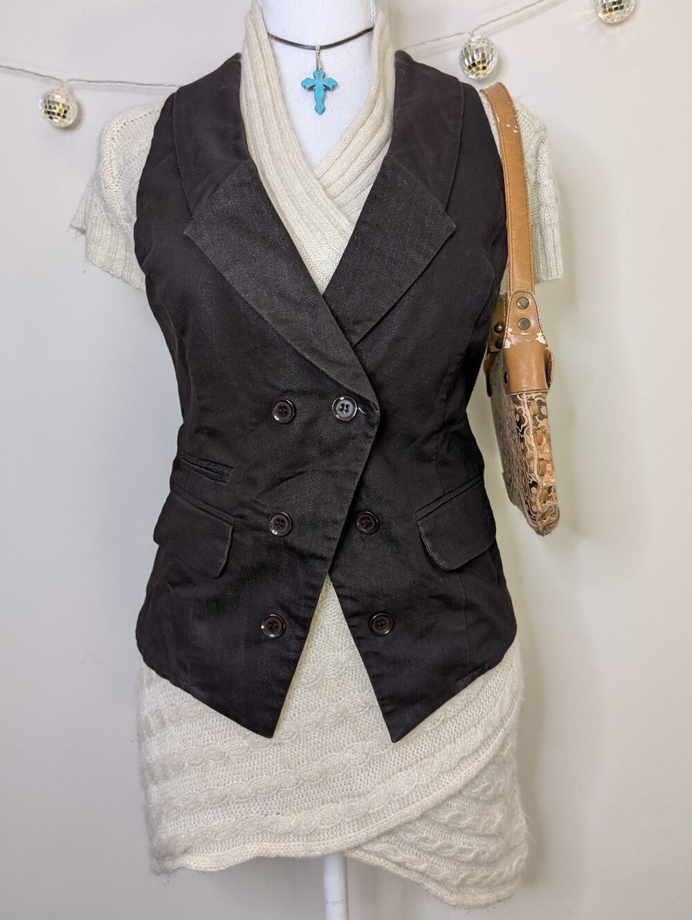 Le Chateau Brown Button Up Vest with Leopard-Print Lining